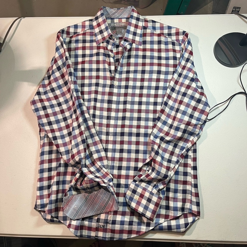 Johnson & Murphy Mens Tailored Fit Long Sleeve Button Down Shirt Sz S Red White